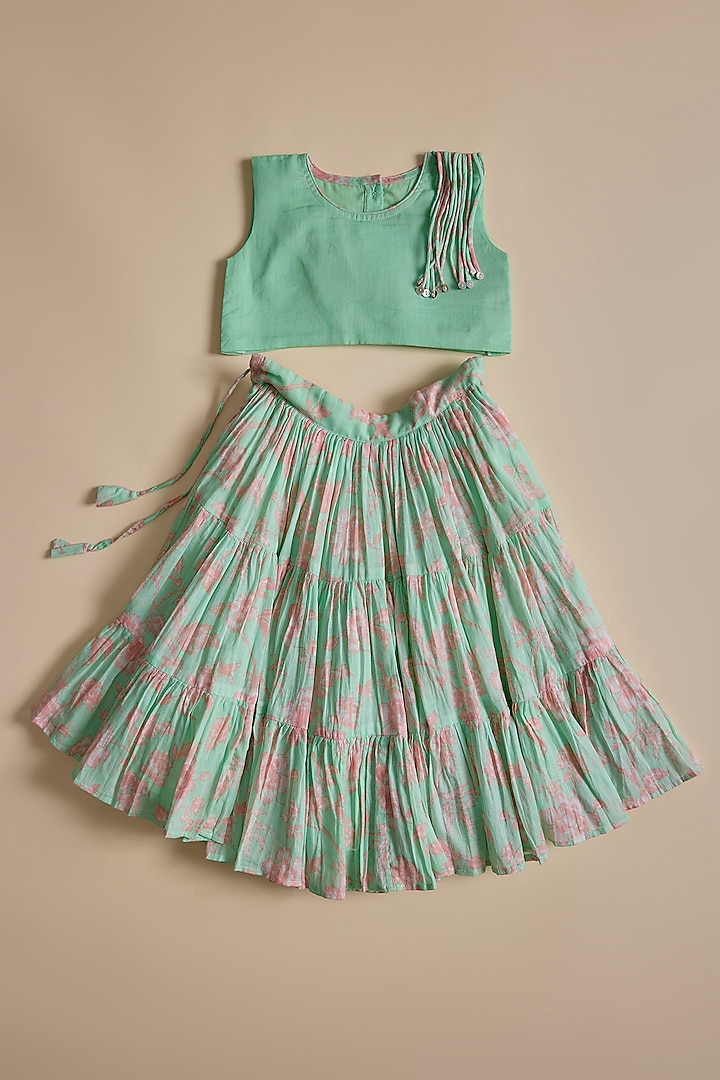 Light Green & Peach Mul Printed Tiered Lehenga Set For Girls by Inspired Needleworks at Pernia's Pop Up Shop