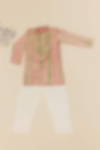 Green & Peach Modal Satin Hand Tie-Dyed Kurta Set For Boys by Inspired Needleworks