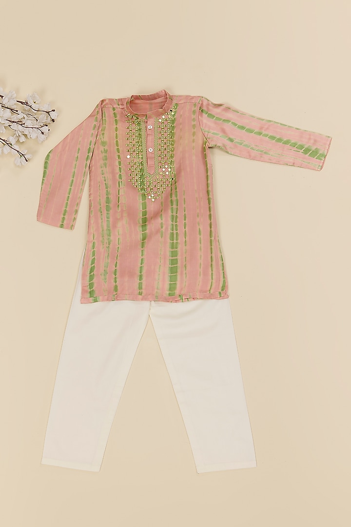Green & Peach Modal Satin Hand Tie-Dyed Kurta Set For Boys by Inspired Needleworks