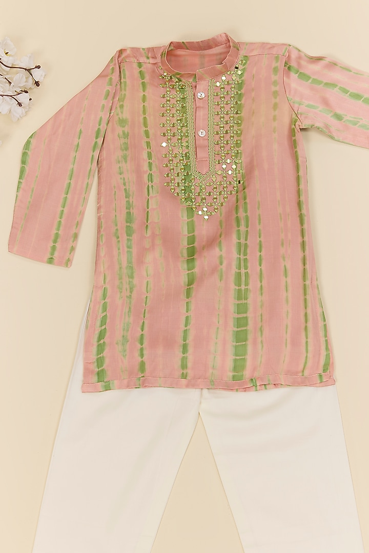 Green & Peach Modal Satin Hand Tie-Dyed Kurta Set For Boys by Inspired Needleworks at Pernia's Pop Up Shop