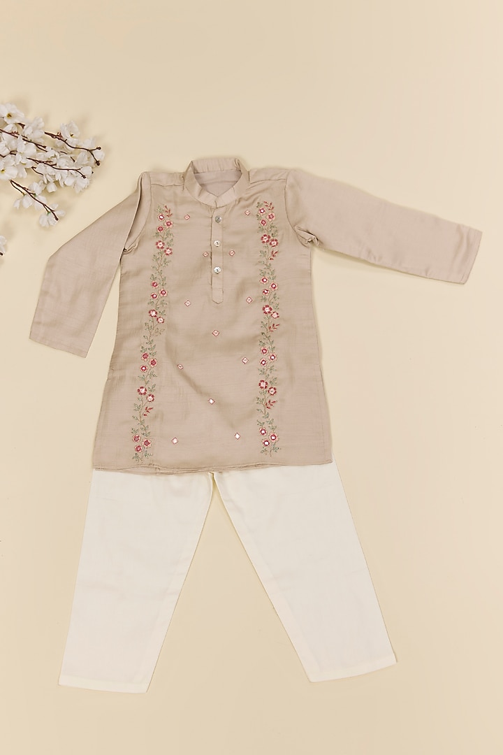 Ivory & Grey Silk Mirror Embroidered Kurta Set For Boys by Inspired Needleworks
