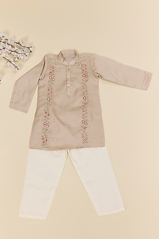 Ivory & Grey Silk Mirror Embroidered Kurta Set For Boys by Inspired Needleworks