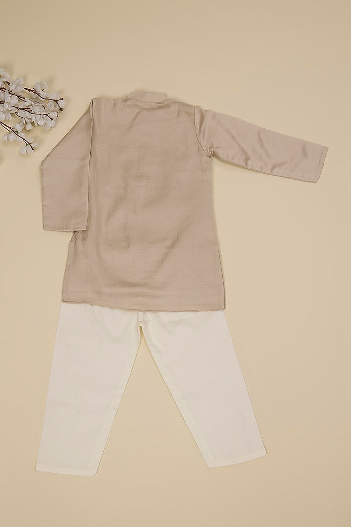 Ivory & Grey Silk Mirror Embroidered Kurta Set For Boys by Inspired Needleworks at Pernia's Pop Up Shop