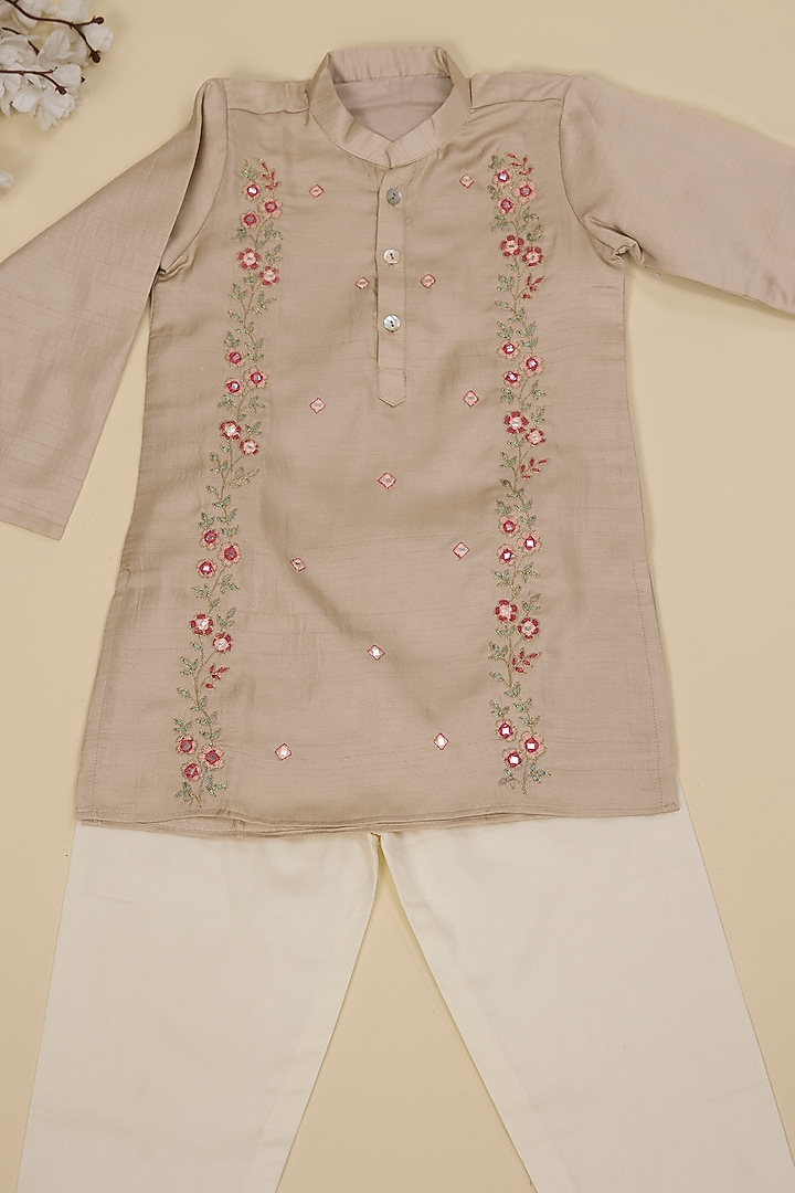 Ivory & Grey Silk Mirror Embroidered Kurta Set For Boys by Inspired Needleworks at Pernia's Pop Up Shop