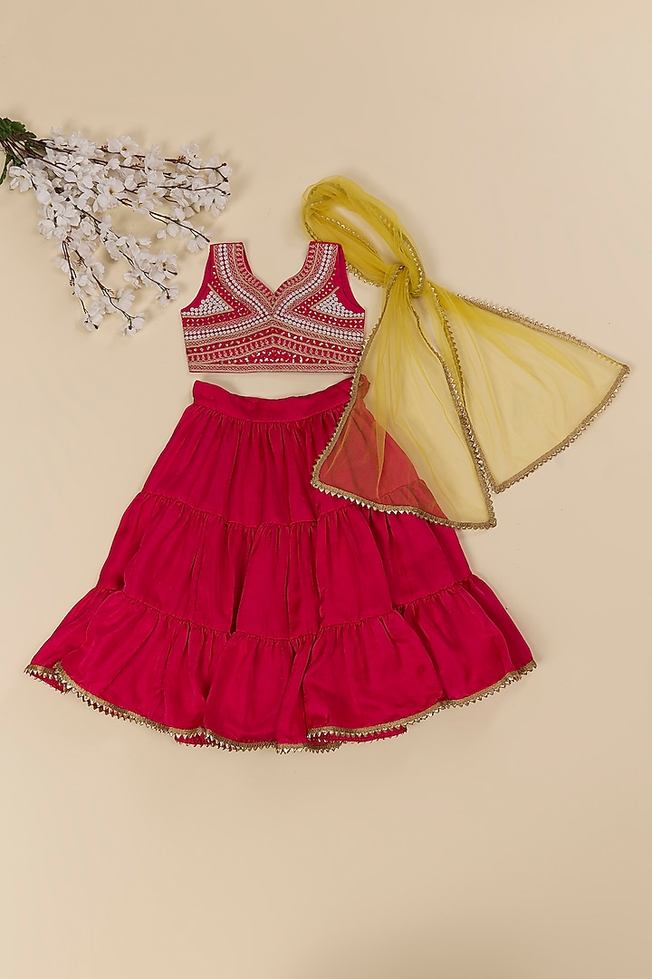 Pink Silk Tiered Lehenga Set For Girls by Inspired Needleworks at Pernia's Pop Up Shop