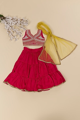 Pink Silk Tiered Lehenga Set For Girls by Inspired Needleworks