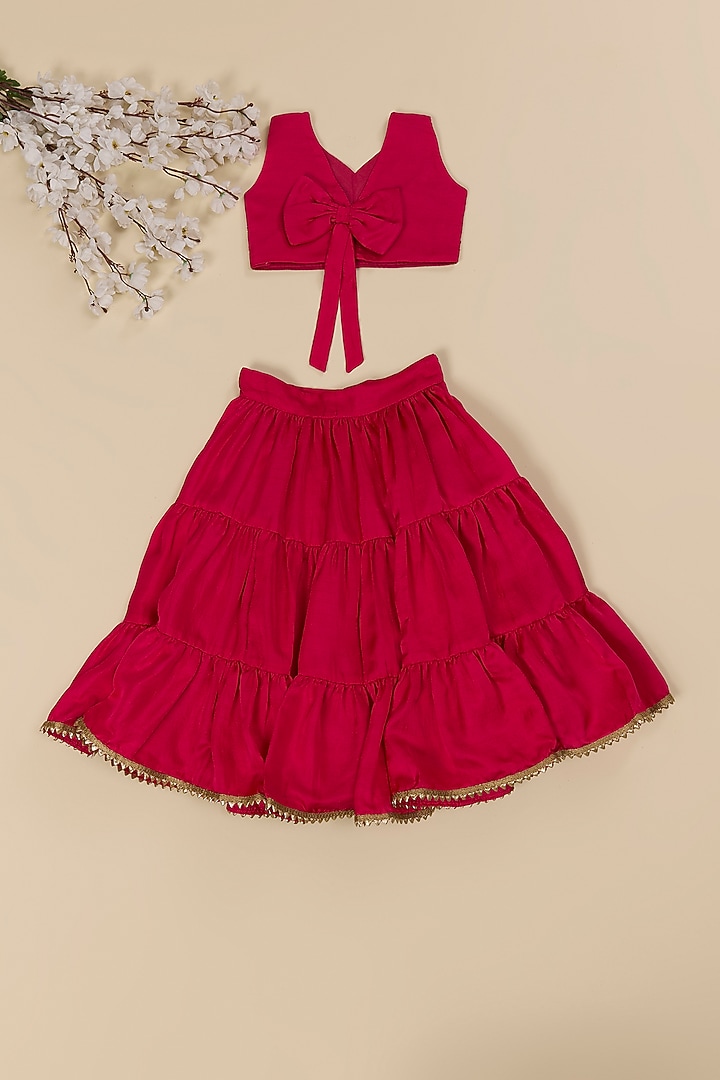 Pink Silk Tiered Lehenga Set For Girls by Inspired Needleworks at Pernia's Pop Up Shop