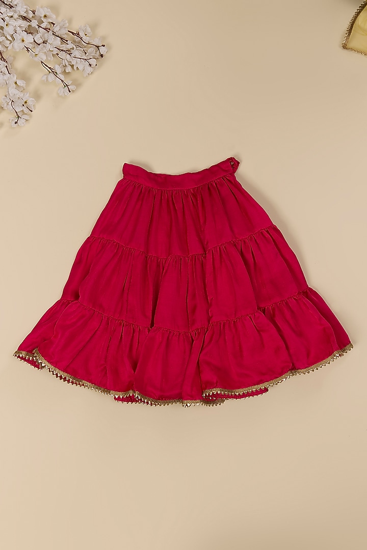 Pink Silk Tiered Lehenga Set For Girls by Inspired Needleworks at Pernia's Pop Up Shop