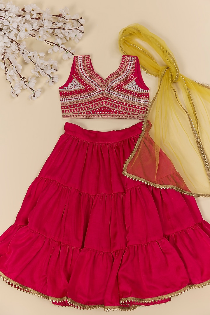 Pink Silk Tiered Lehenga Set For Girls by Inspired Needleworks at Pernia's Pop Up Shop