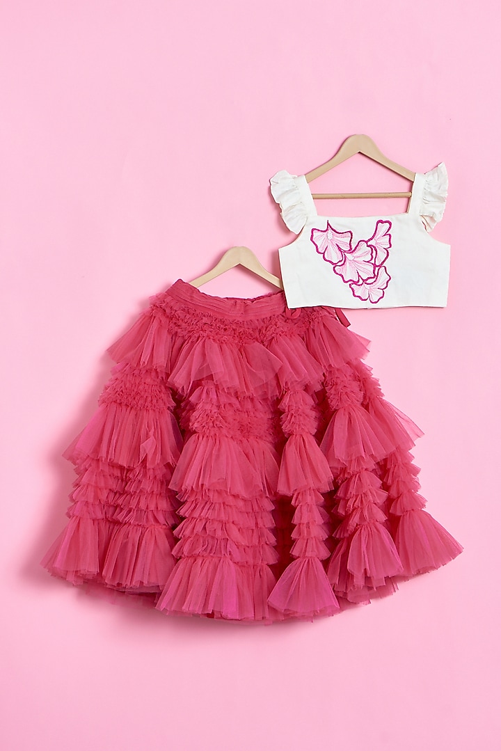 Pink Tulle & Net Layered Skirt Set For Girls by Inspired Needleworks