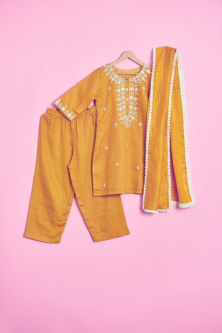 Mango Yellow Embroidered Kurta Set For Girls by Inspired Needleworks