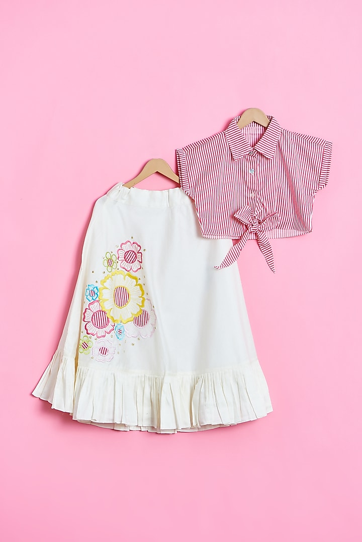 Off-White Cotton & Cotton Satin Embroidered Skirt Set For Girls by Inspired Needleworks at Pernia's Pop Up Shop