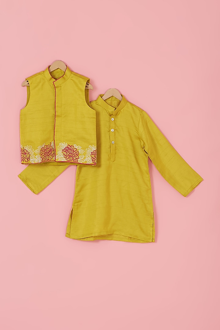 Yellow Silk Floral Embroidered Nehru Jacket Set For Boys by Inspired Needleworks