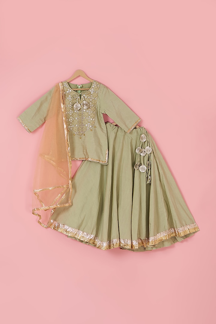 Green Cotton Silk Gota-Patti Embroidered Lehenga Set For Girls by Inspired Needleworks