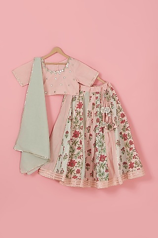 Pink Cotton Floral Printed Lehenga Set For Girls by Inspired Needleworks