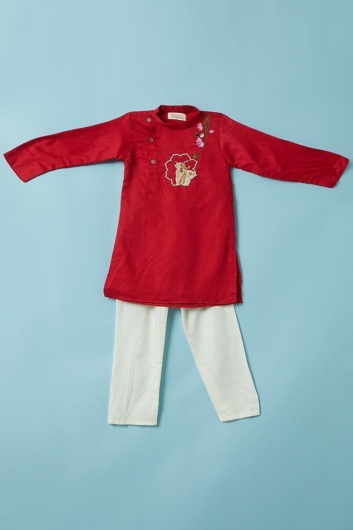 Red Embroidered Kurta Set For Boys by Inspired Needleworks