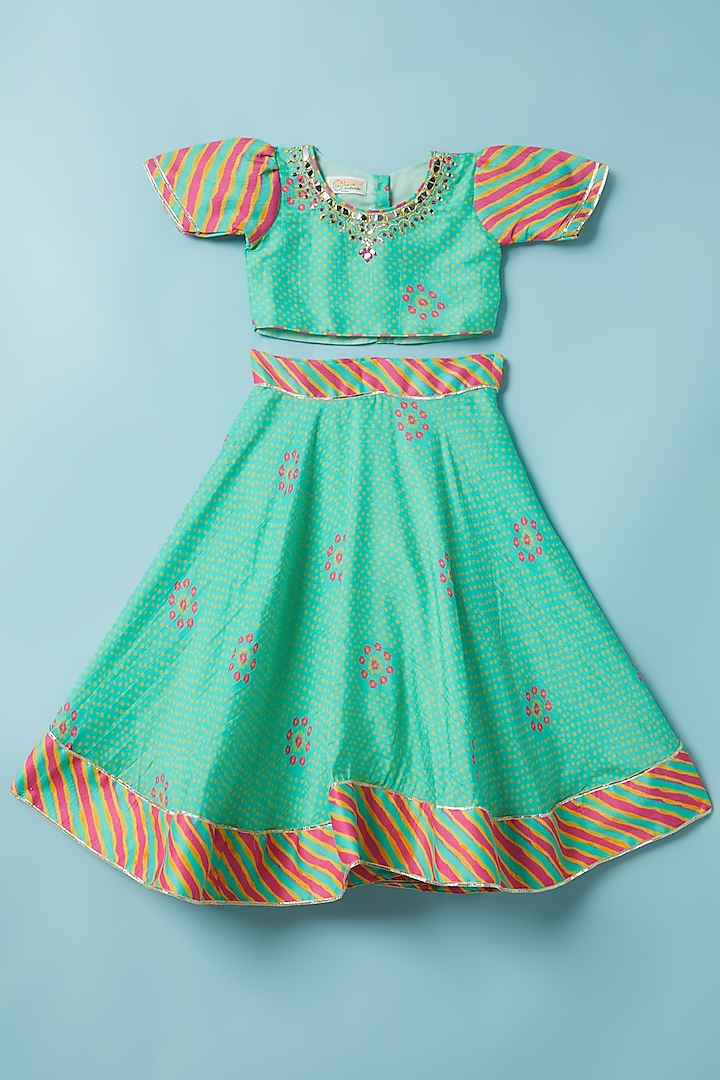 Green & Pink Bandhani Printed Lehenga Set For Girls by Inspired Needleworks