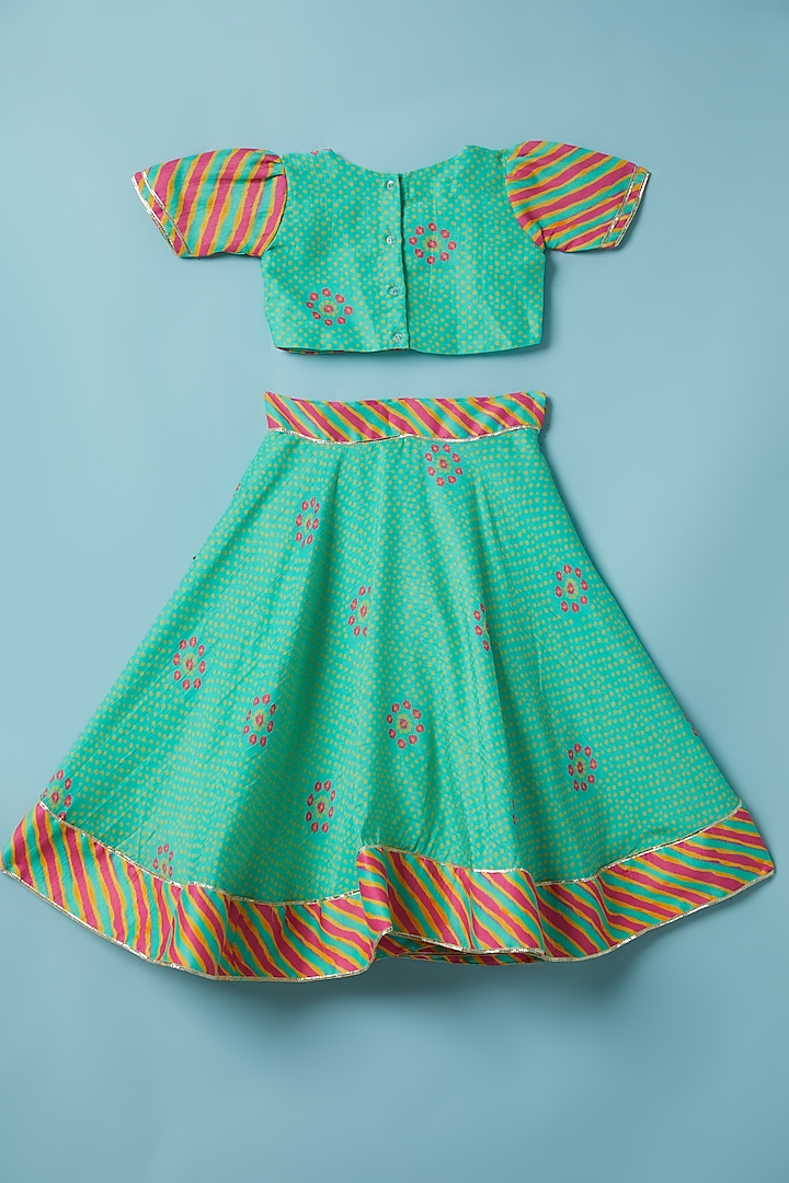 Green & Pink Bandhani Printed Lehenga Set For Girls by Inspired Needleworks at Pernia's Pop Up Shop