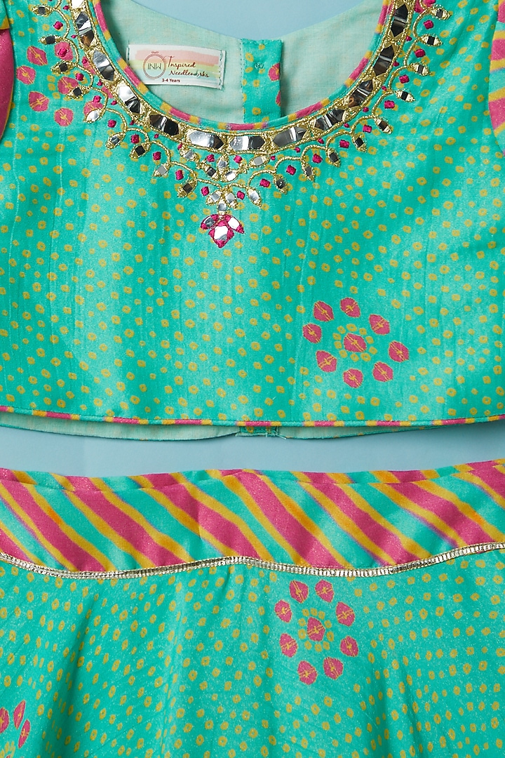 Green & Pink Bandhani Printed Lehenga Set For Girls by Inspired Needleworks at Pernia's Pop Up Shop