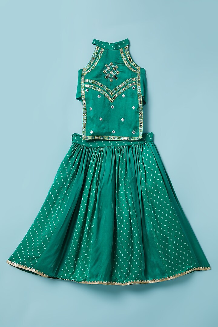 Emerald Green Bandhani Printed Lehenga Set For Girls by Inspired Needleworks
