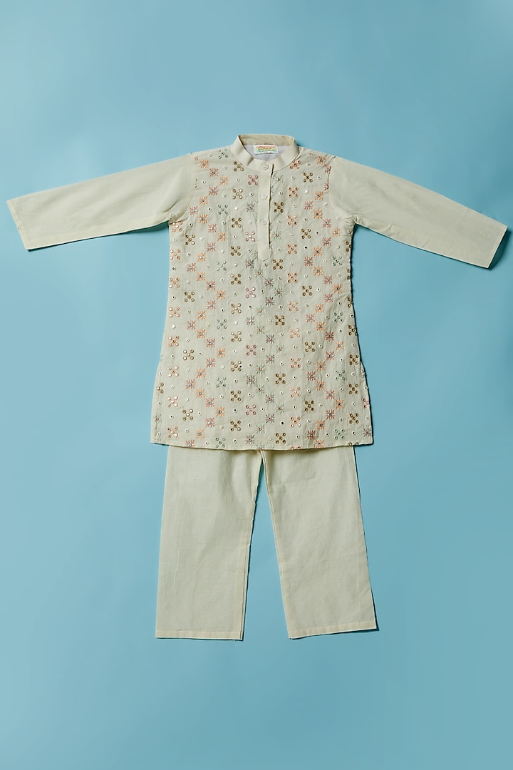 Off-White Embroidered Kurta Set For Boys by Inspired Needleworks