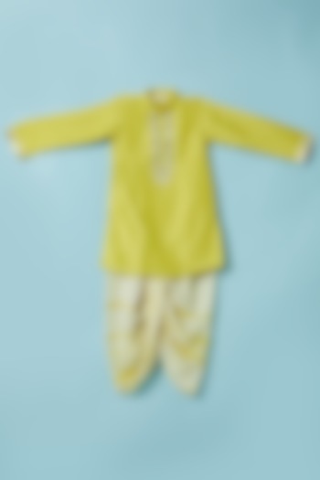 Yellow Cotton Satin Kurta Set For Boys by Inspired Needleworks