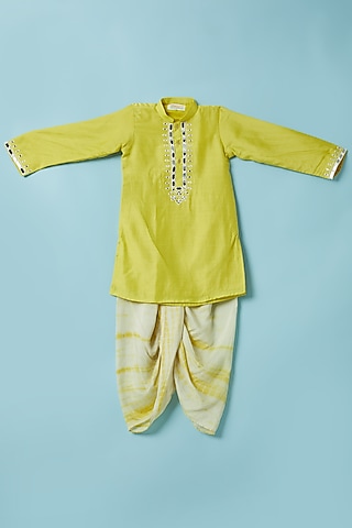 Yellow Cotton Satin Kurta Set For Boys by Inspired Needleworks
