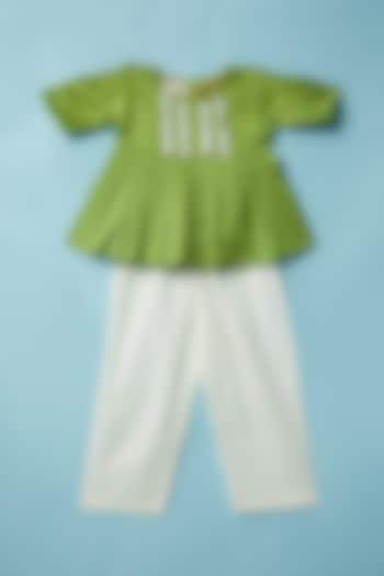Green Chanderi Embellished Top Set For Girls by Inspired Needleworks