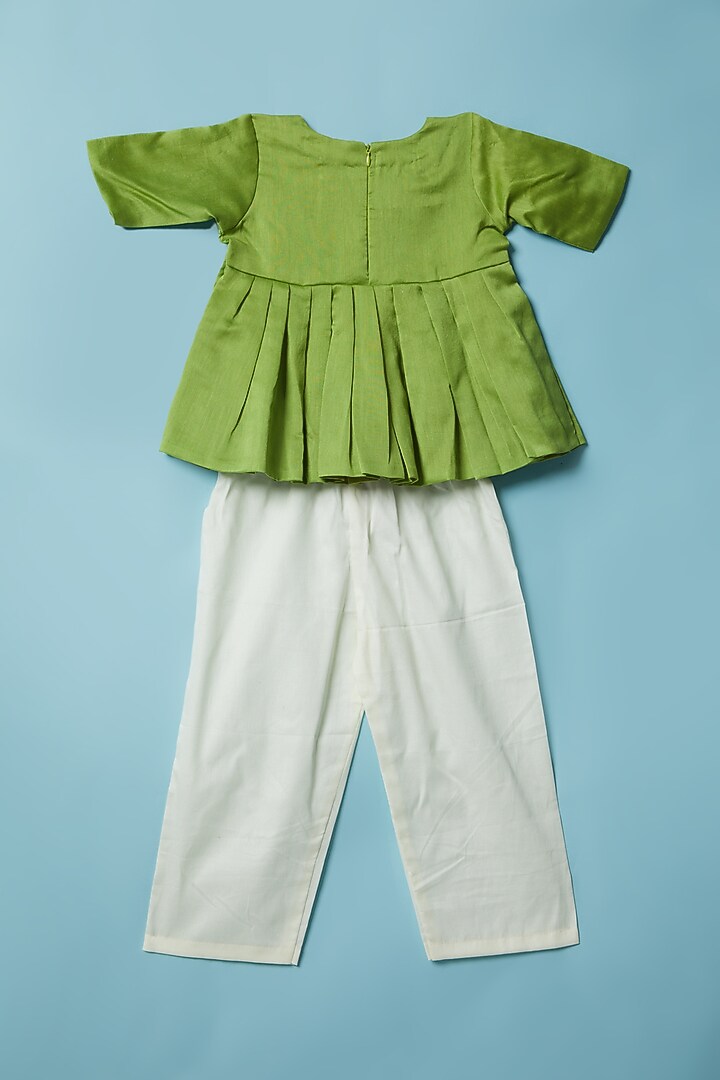 Green Chanderi Embellished Top Set For Girls by Inspired Needleworks at Pernia's Pop Up Shop