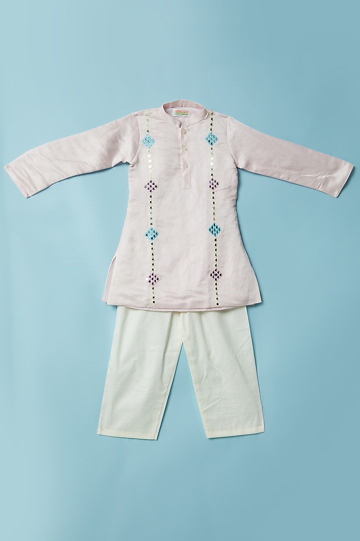 Blush Pink Embroidered Kurta Set For Boys by Inspired Needleworks