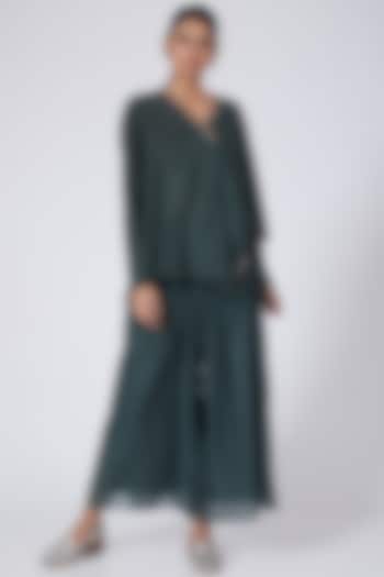 Olive Green Embroidered Asymmetrical Draped Top by Integument