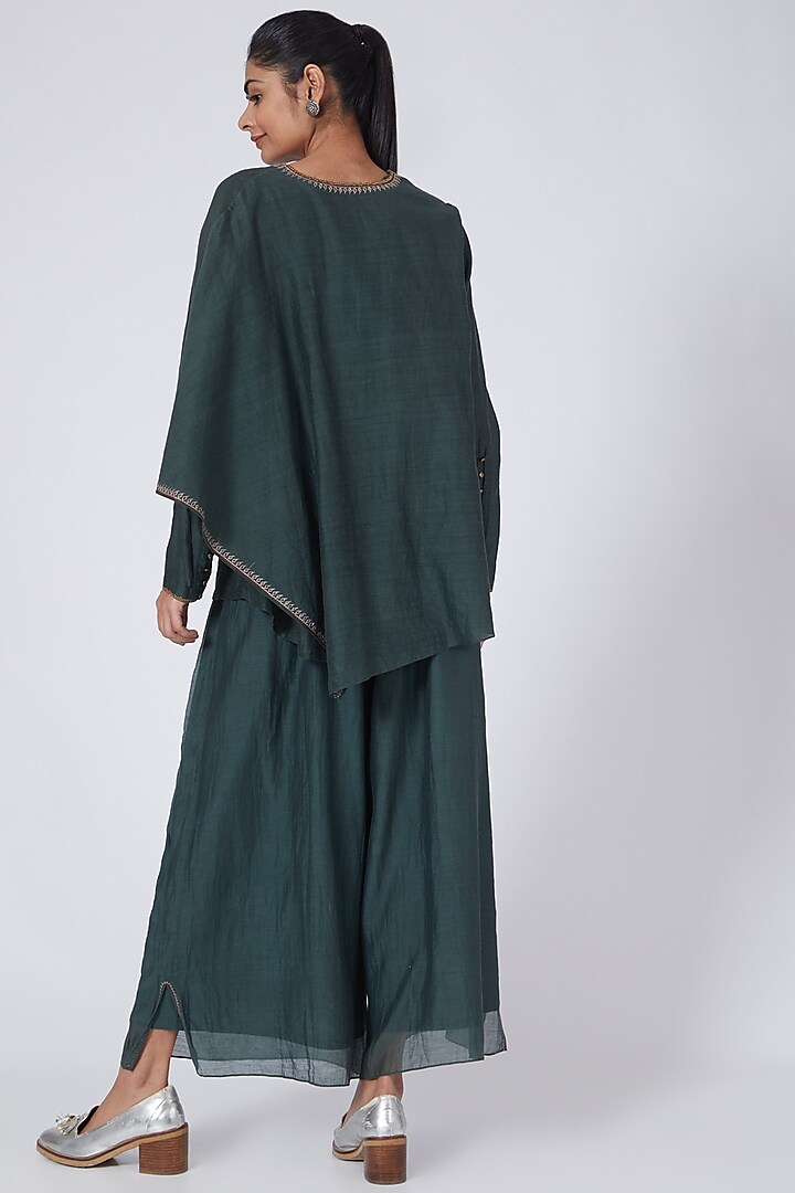 Olive Green Embroidered Asymmetrical Draped Top by Integument at Pernia's Pop Up Shop