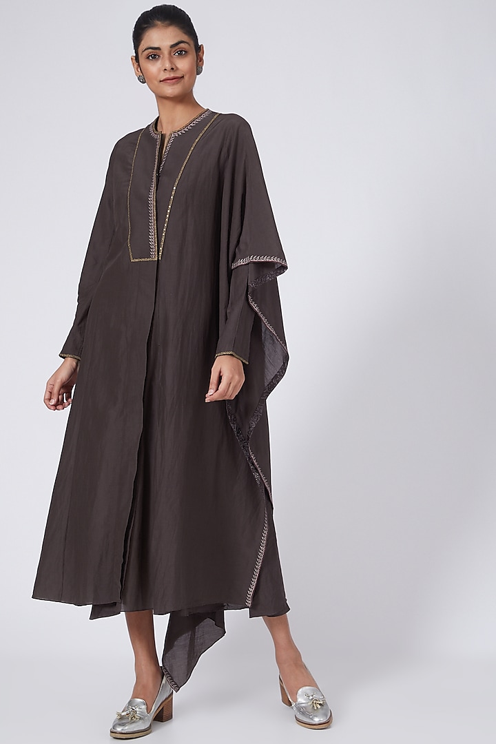 Maroonish Brown Embroidered Asymmetrical Draped Dress by Integument