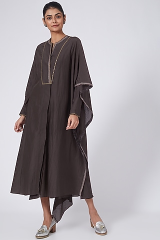 Maroonish Brown Embroidered Asymmetrical Draped Dress by Integument