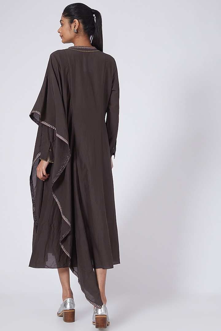 Maroonish Brown Embroidered Asymmetrical Draped Vacation Dress by Integument at Pernia's Pop Up Shop