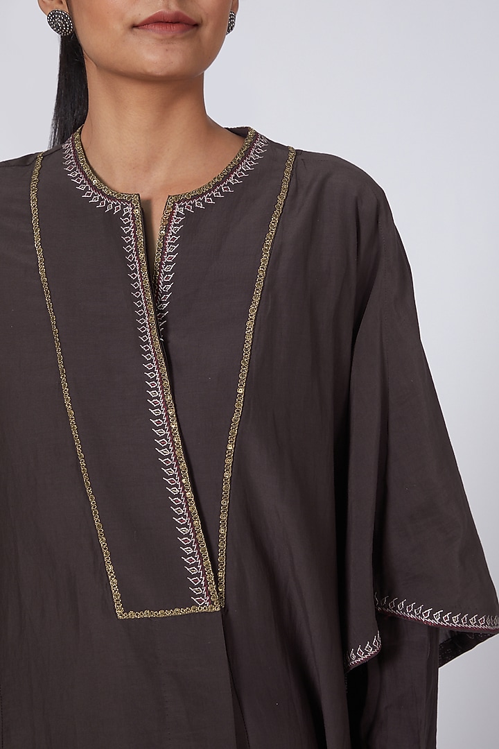 Maroonish Brown Embroidered Asymmetrical Draped Vacation Dress by Integument at Pernia's Pop Up Shop