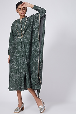 Emerald Green Printed Asymmetrical Draped Dress by Integument
