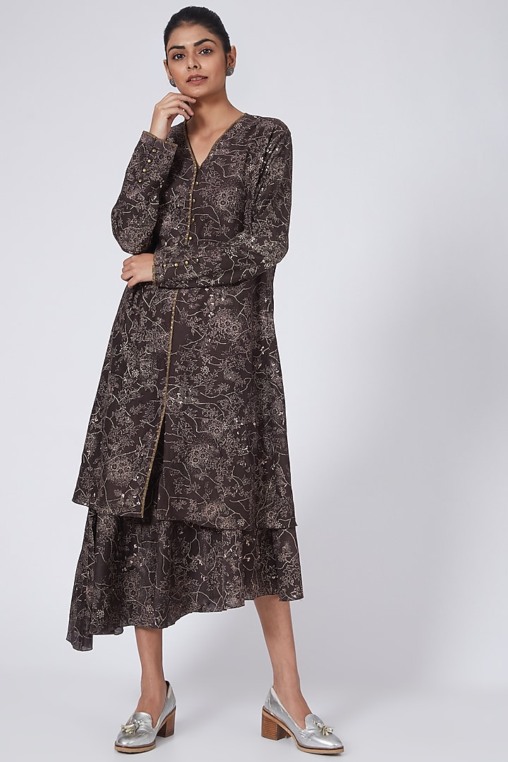Maroonish Brown Printed Layered Dress by Integument