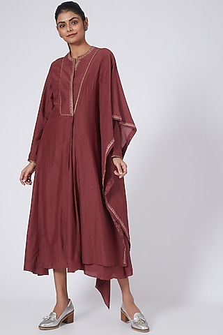 Red Embroidered Asymmetrical Draped Dress by Integument