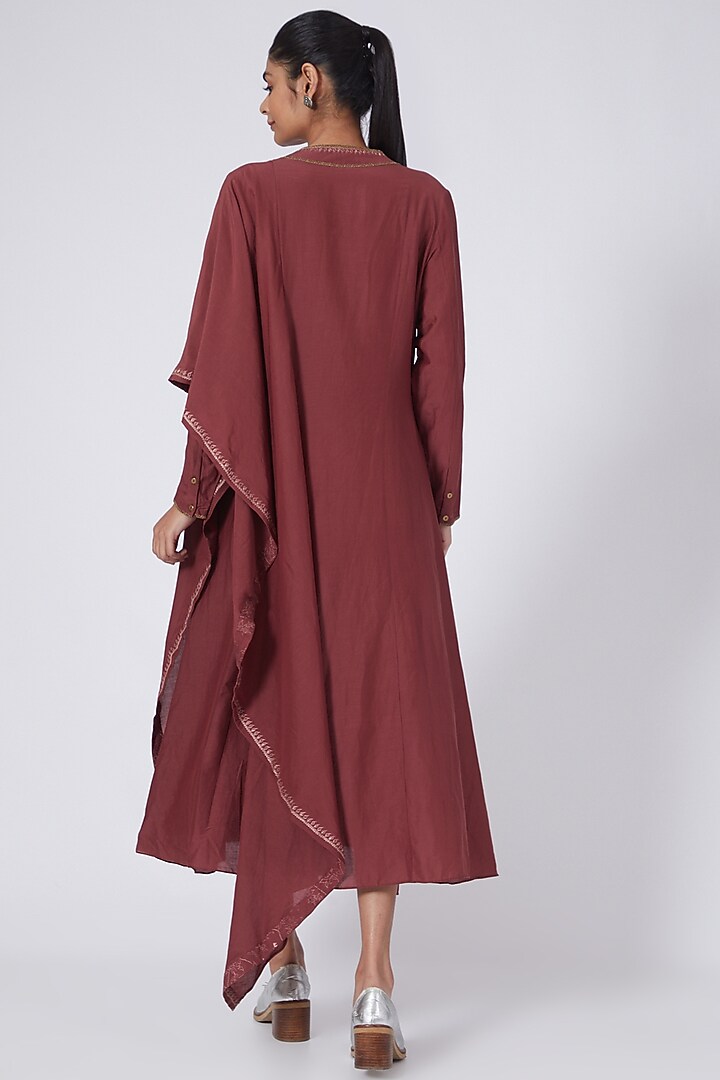 Red Embroidered Asymmetrical Draped Vacation Dress by Integument at Pernia's Pop Up Shop