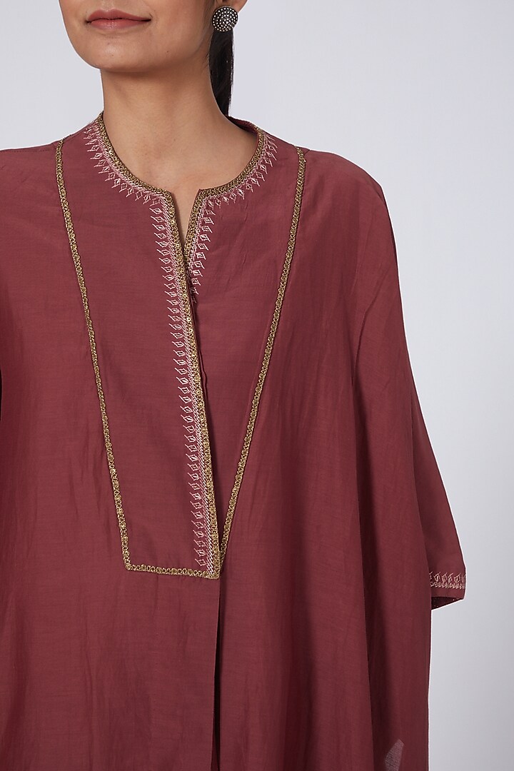 Red Embroidered Asymmetrical Draped Vacation Dress by Integument at Pernia's Pop Up Shop
