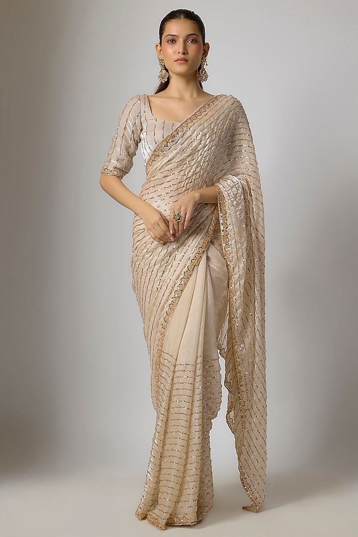 Ivory Champagne Gold Tissue Silk Sequins Embroidered Party Wear Saree Set by Indian Wardrobe at Pernia's Pop Up Shop