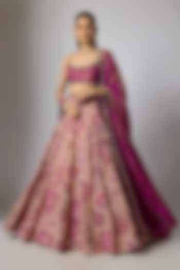 Blush Pink Tissue Silk Floral Printed Wedding Lehenga Set by Indian Wardrobe at Pernia's Pop Up Shop