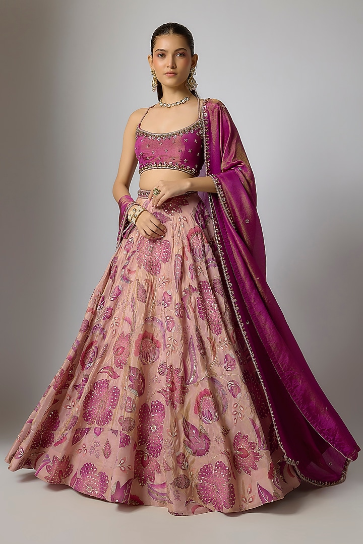 Blush Pink Tissue Silk Floral Printed Wedding Lehenga Set by Indian Wardrobe at Pernia's Pop Up Shop