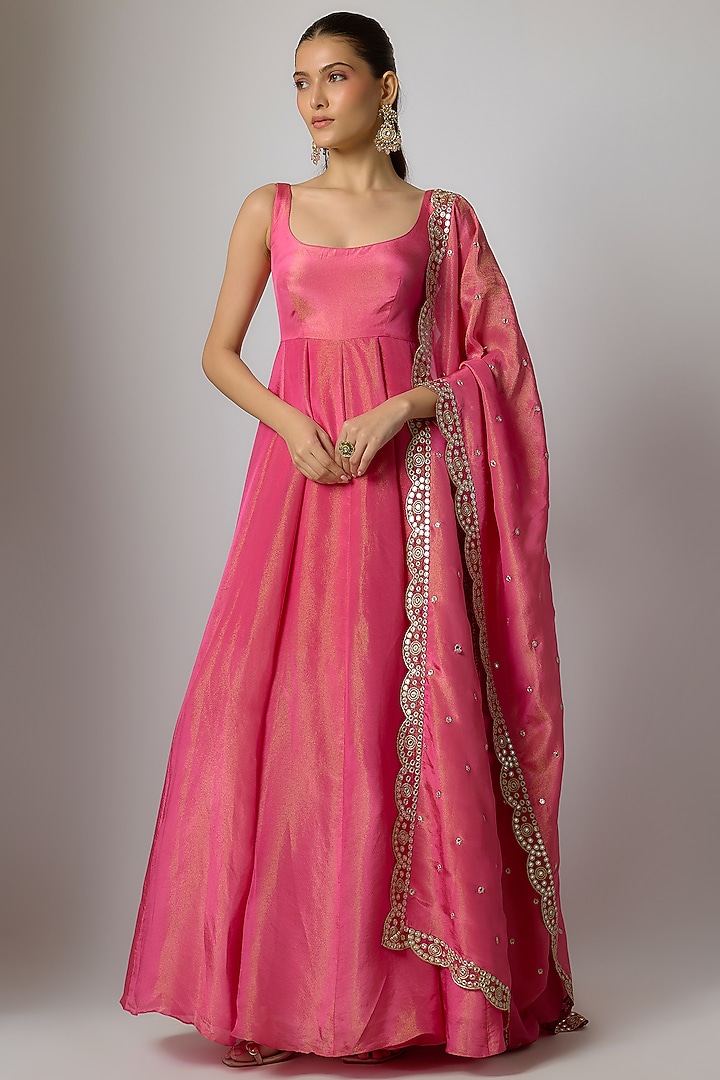Soft Pink Tissue Silk Party Wear Anarkali Set by Indian Wardrobe at Pernia's Pop Up Shop