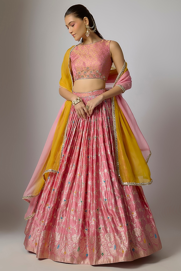 Blush Pink Woven Brocade Lehenga Set by Indian Wardrobe at Pernia's Pop Up Shop