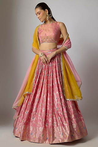Blush Pink Woven Brocade Lehenga Set by Indian Wardrobe