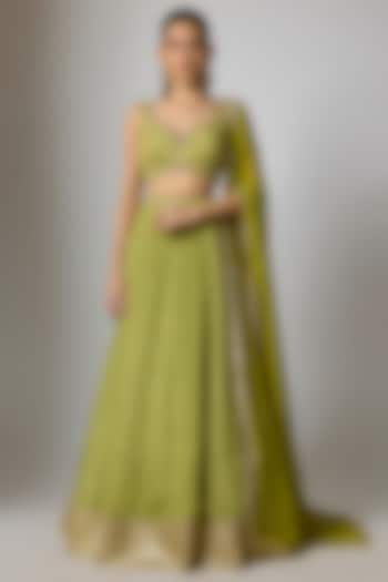 Lime Green Crepe & Georgette Bandhani Printed Wedding Lehenga Set by Indian Wardrobe at Pernia's Pop Up Shop
