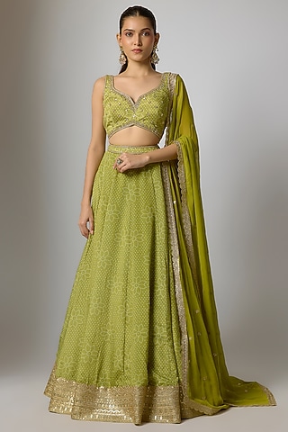Lime Green Crepe & Georgette Bandhani Printed Lehenga Set by Indian Wardrobe