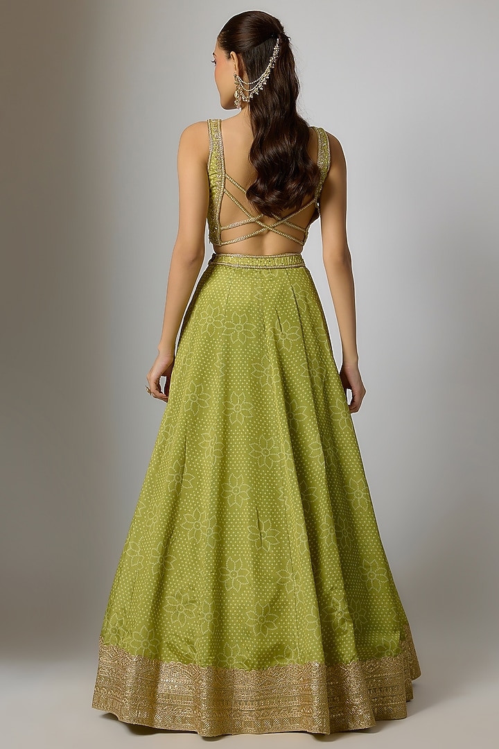 Lime Green Crepe & Georgette Bandhani Printed Wedding Lehenga Set by Indian Wardrobe at Pernia's Pop Up Shop